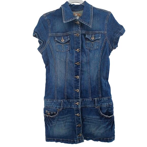 Y2K Paris Blues Micro Mini Denim Dress Button Skirt Womens LG Preppy Western - Picture 1 of 12